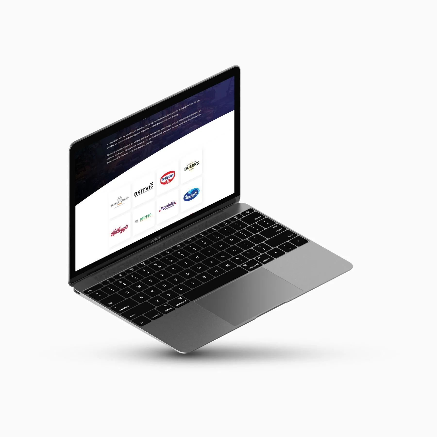 A silver laptop at an angle, displaying a webpage with a dark banner and a grid of small company logos on a white background.