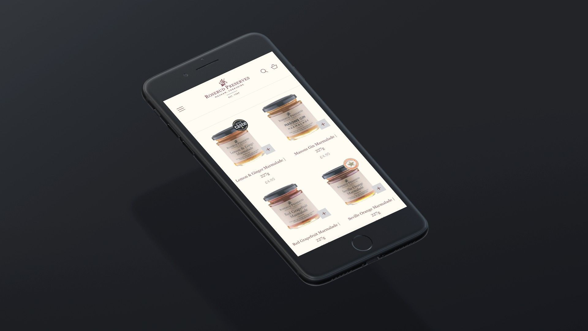 A smartphone displays an e-commerce app interface featuring a grid of product listings for coffee bean packaging.