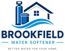 Brookfield Water Softener Logo with House Graphic, Water Softener System, Wave Graphic, Tagline, and Company Name