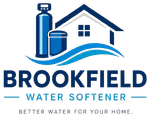 Brookfield Water Softener Logo with House Graphic, Water Softener System, Wave Graphic, Tagline, and Company Name