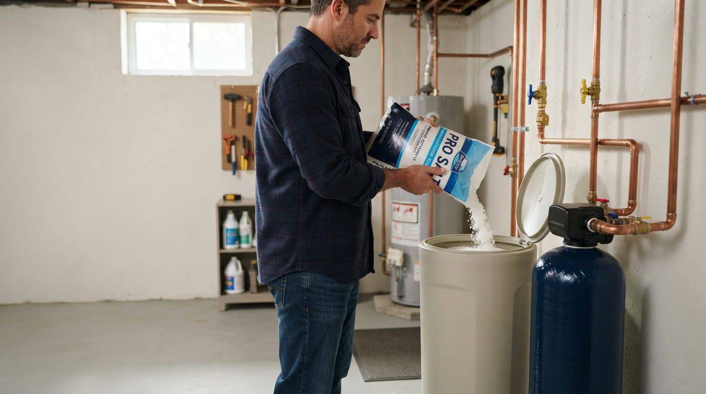 Man pouring water softener salt into a brine tank beside the softener