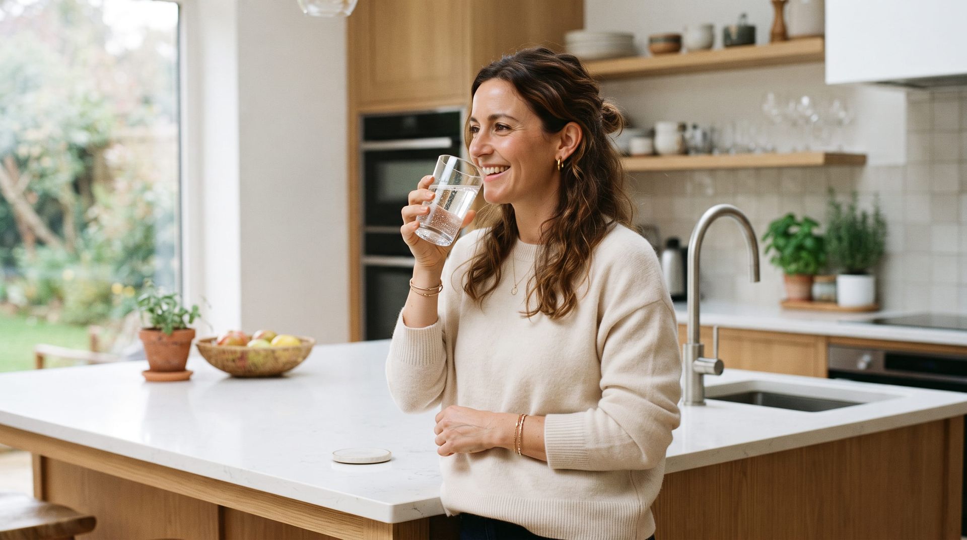 Woman Drinking Fresh Filtered Water In Kitchen After Water Softener And Whole House Filtration in Brookfield, WI
