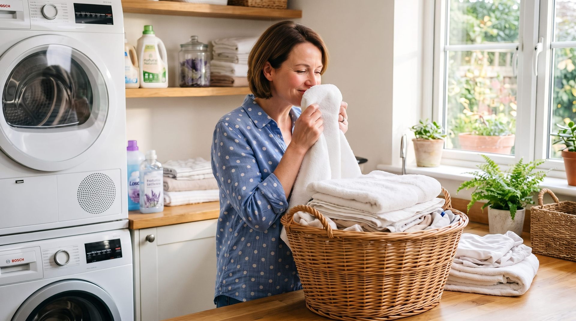 Woman enjoying fresh soft towels washed with softened water from a whole house water softener in Brookfield, WI