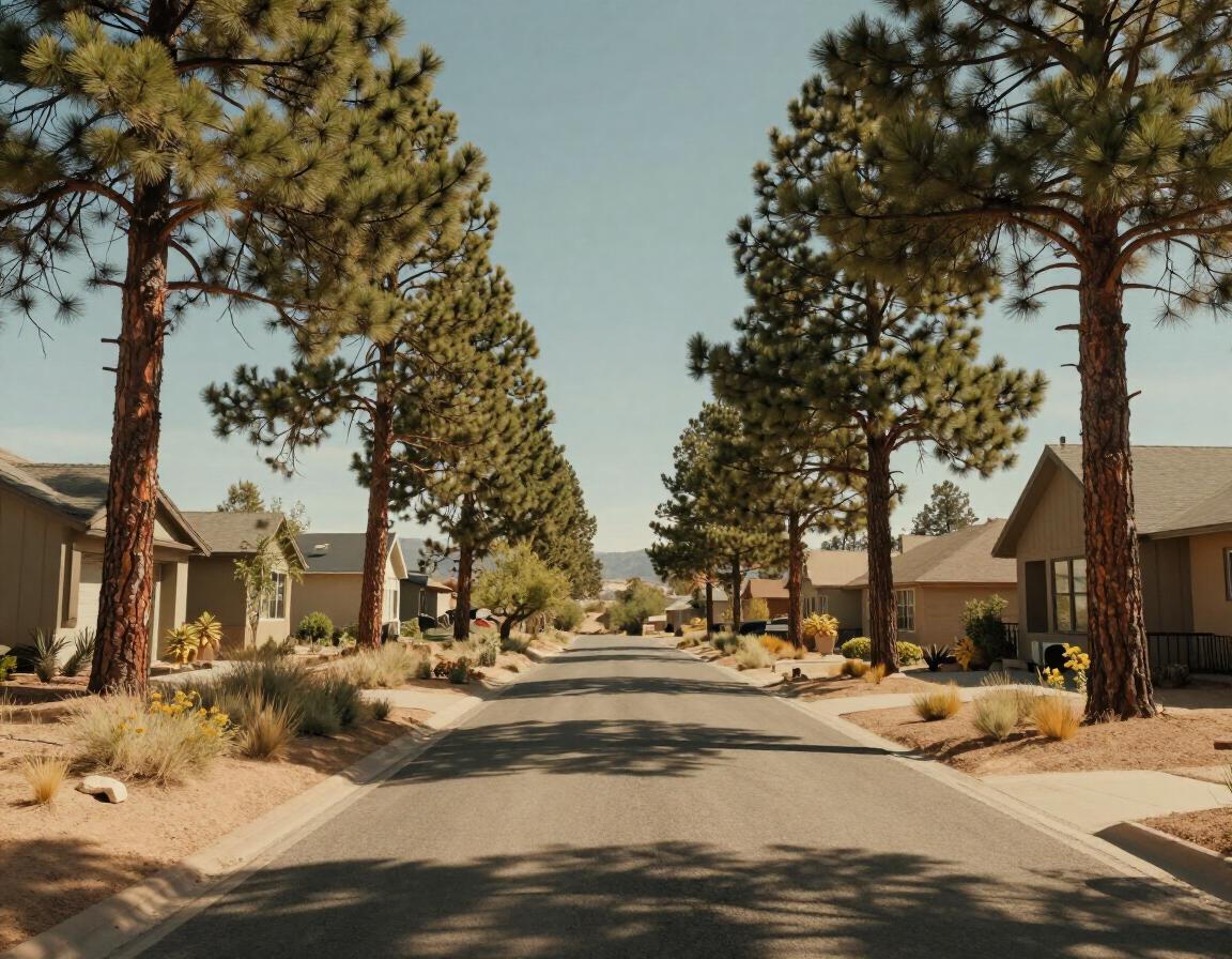 Tree-lined suburban street with houses and parked cars on a sunny day