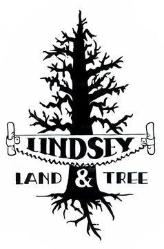Lindsey Land & Tree logo with black tree silhouette and bold text on white background