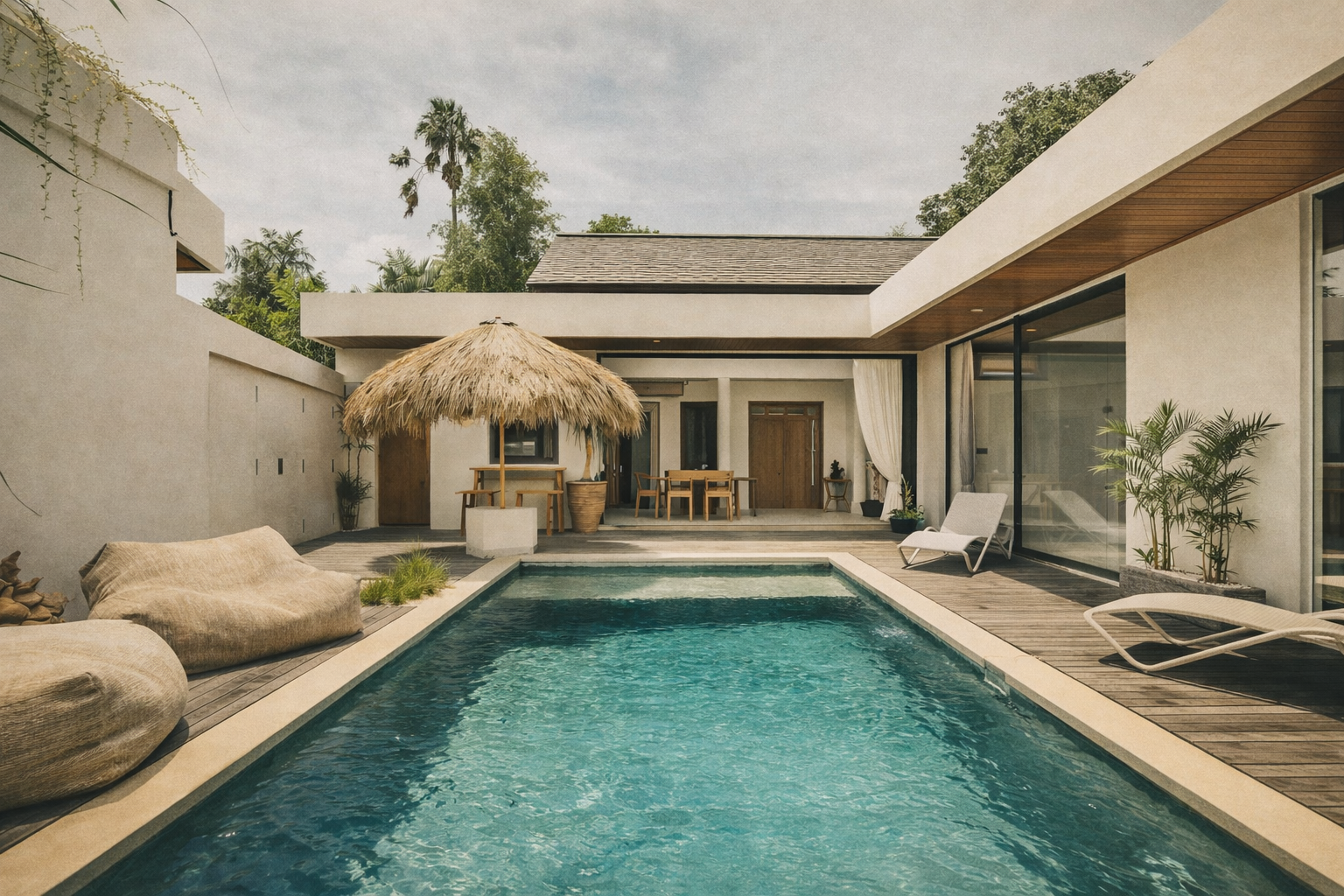 Pool and patio area of a modern villa. Features include a thatched-roof bar, lounge chairs, and bean bags.