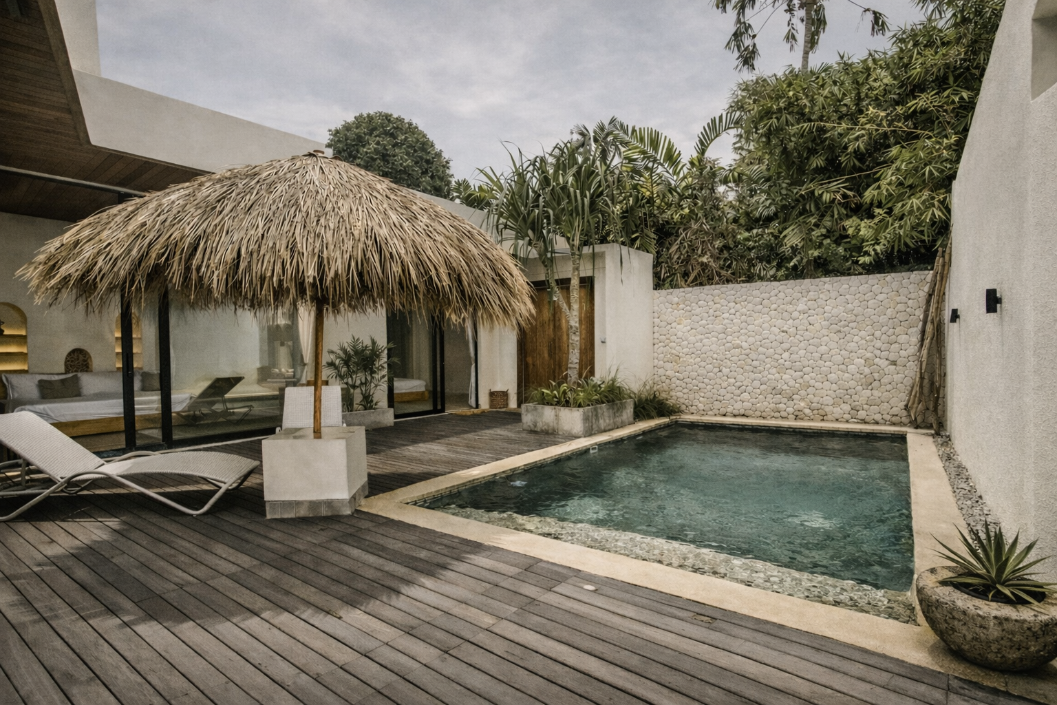 Outdoor private pool with thatch umbrella, wood deck, white walls, and lounge chair.