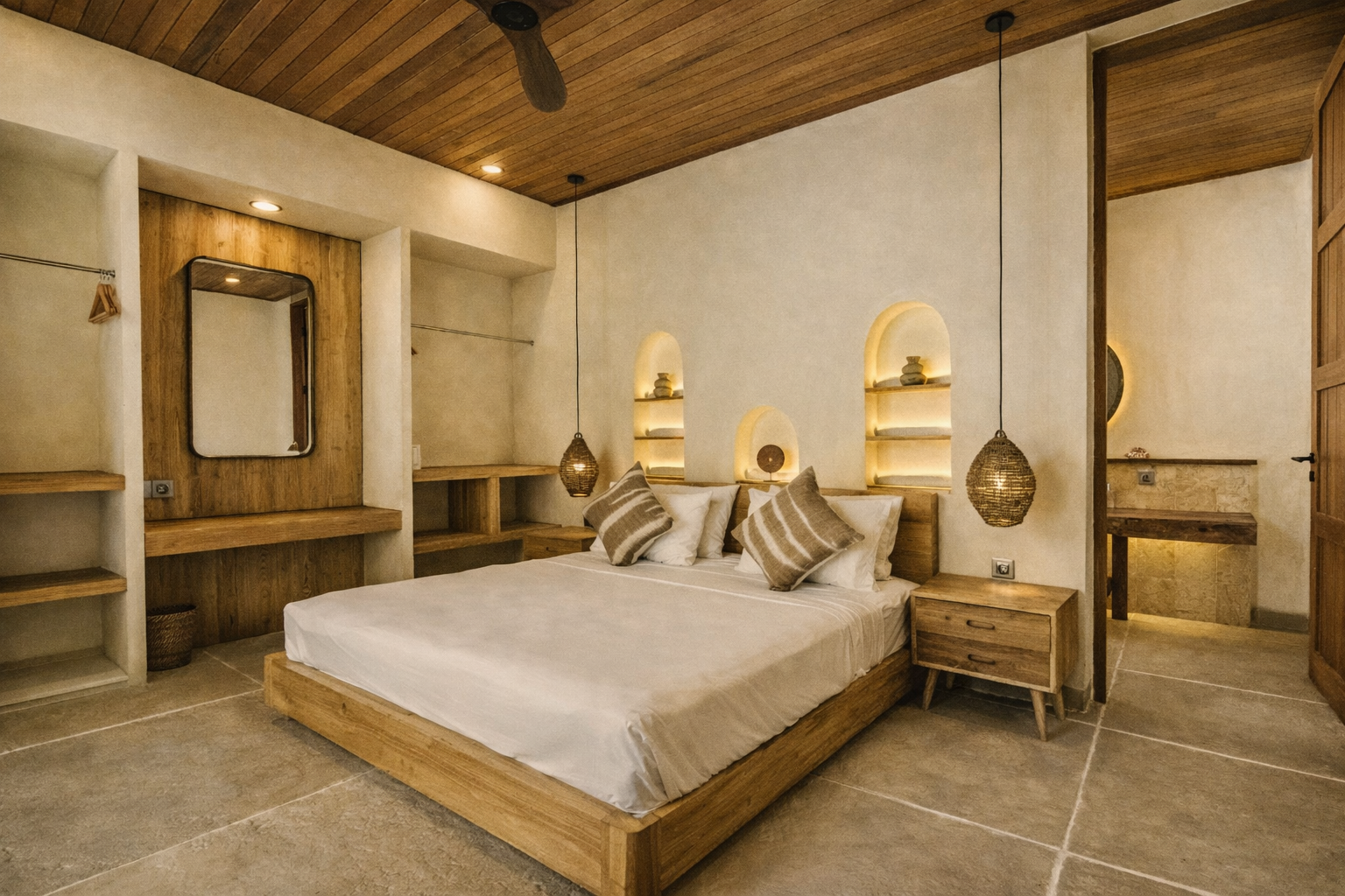 Bedroom with wooden bed, shelving, and arched wall details; neutral tones.