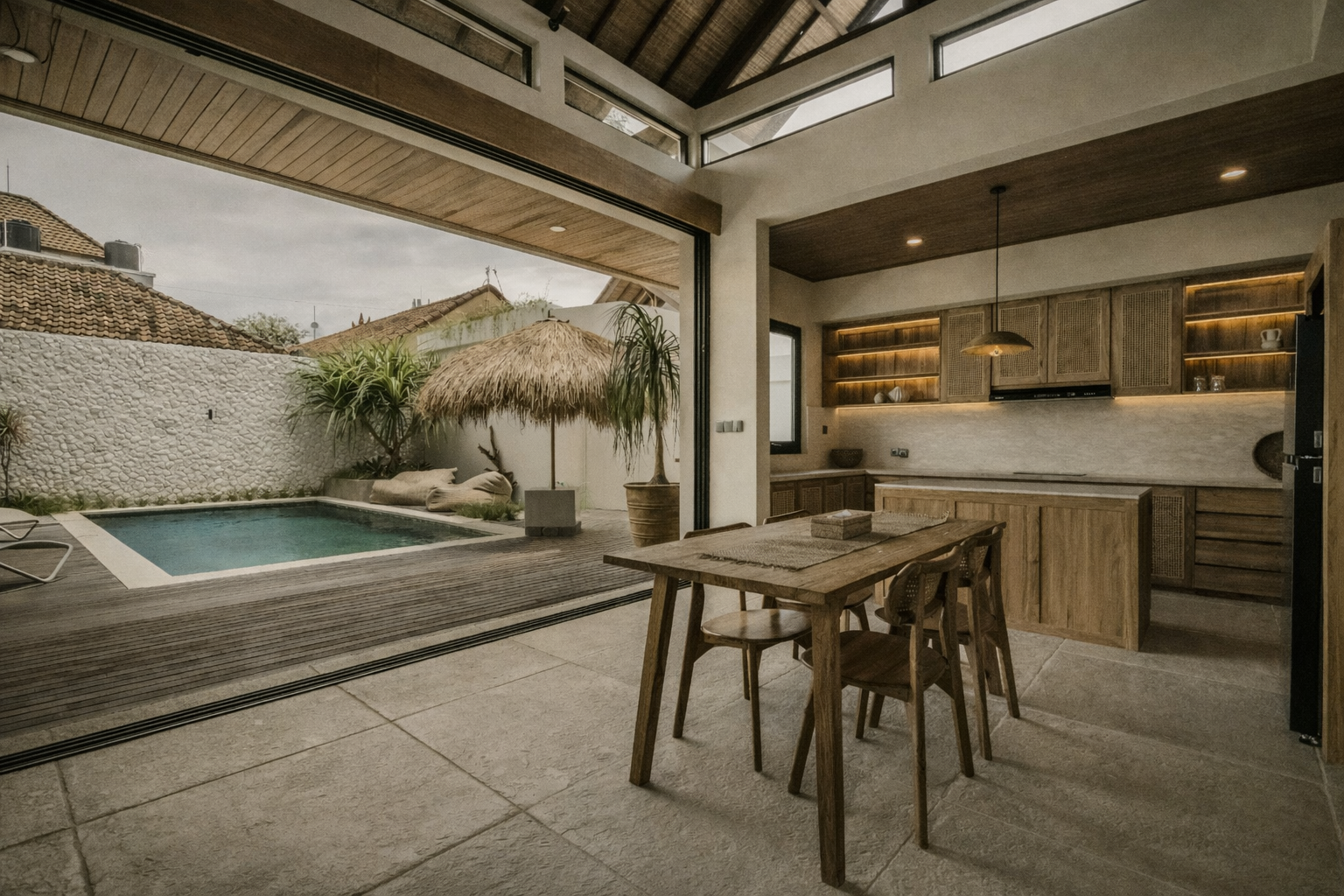 Kitchen with open doors to a pool. Wooden dining table and chairs, light wood cabinets, and outdoor area.
