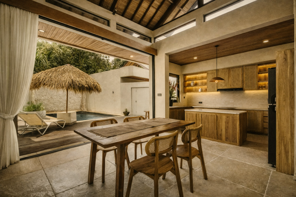 Dining area with open doors to a pool. Wooden table and chairs, kitchen with wood cabinets.