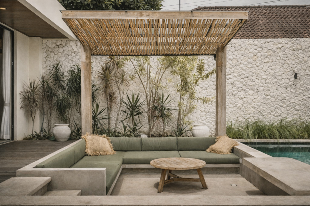 Outdoor lounge area with green sofa, wooden table, and thatched roof, next to a pool.