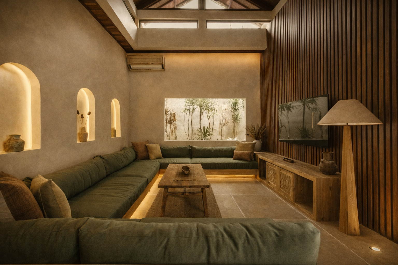 Cozy living room with green sofa, wooden accents, arched wall niches, and a natural light source.