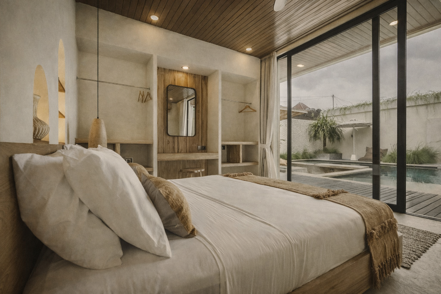 Bedroom with bed, closet, mirror, and pool view through large sliding glass doors.