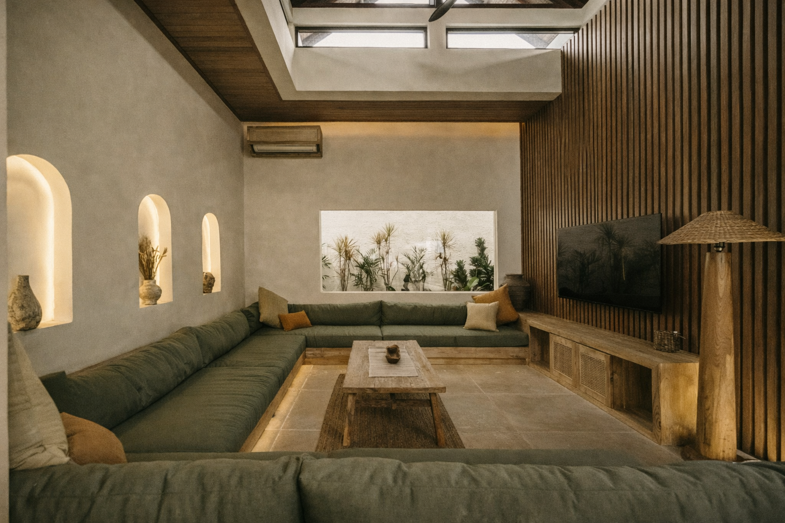 Cozy living room with built-in green sofa, wooden accents, and a television.