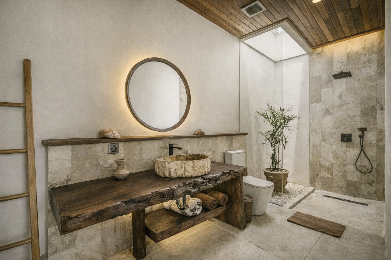 Bathroom with wooden vanity, round mirror, and walk-in shower.