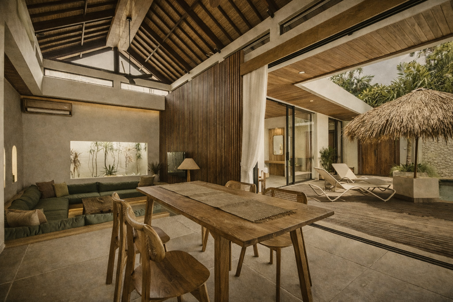Dining room with wooden table, open doors to patio with thatched roof and lounge chair.