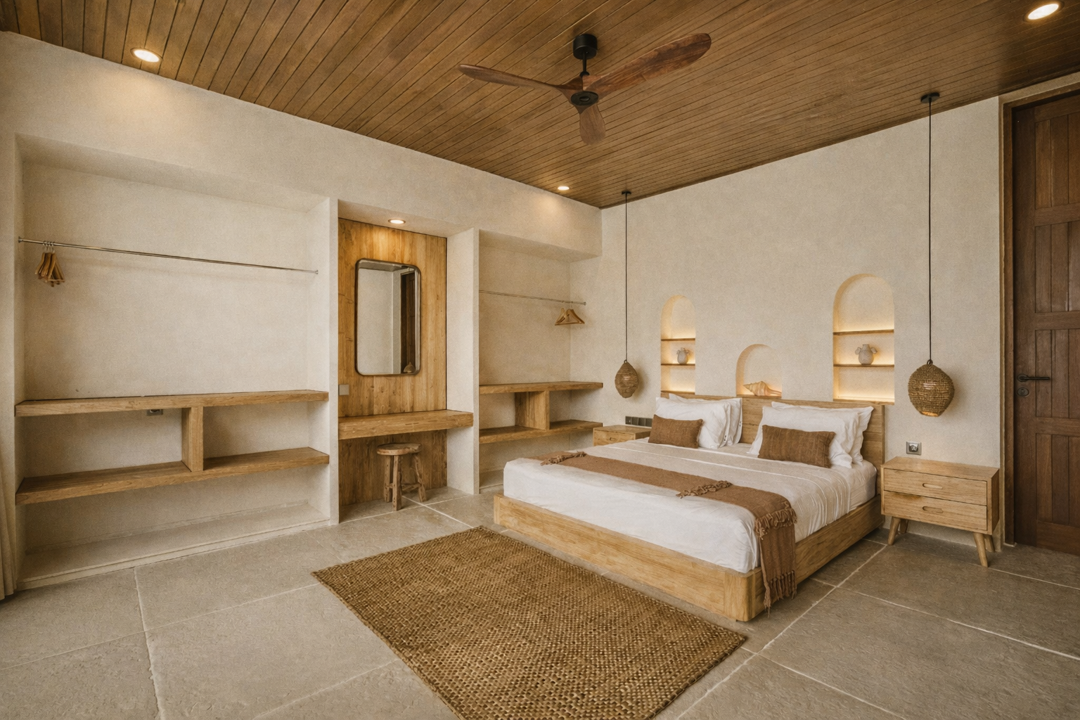 Bedroom with wood accents: bed, ceiling fan, rug, and built-in shelving in a neutral color palette.