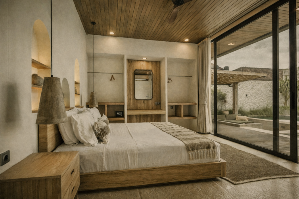 Bedroom with wooden bed, shelving, large window, neutral colors.