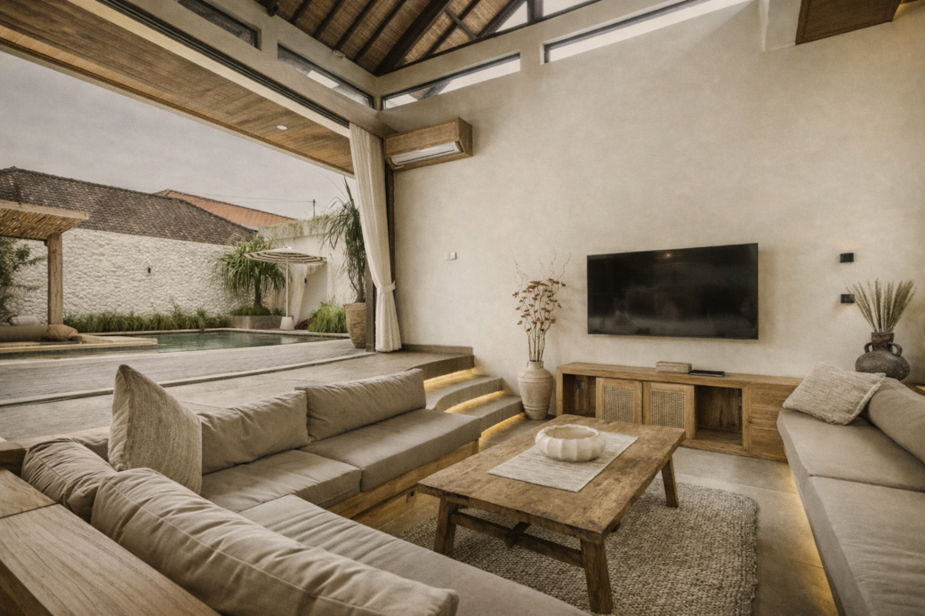Living room with neutral tones, open to a patio with a pool. Features a large sofa, TV, and wooden accents.