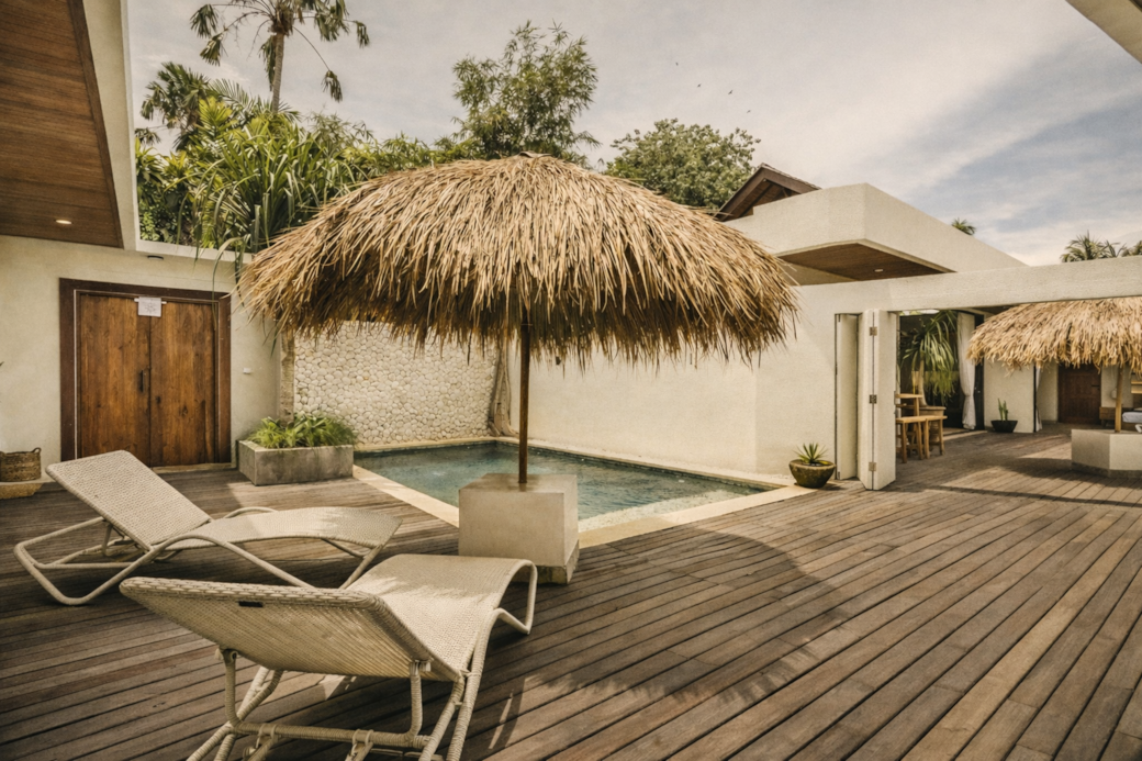 Wooden deck with lounge chairs, thatched umbrellas, and a small pool in a tropical setting.
