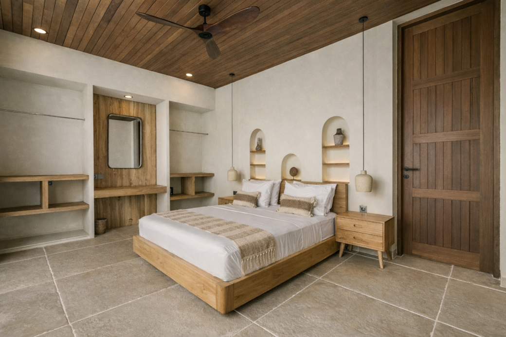 Bedroom with wooden accents: bed, ceiling, door, and furniture; beige walls, neutral tones, and pendant lights.