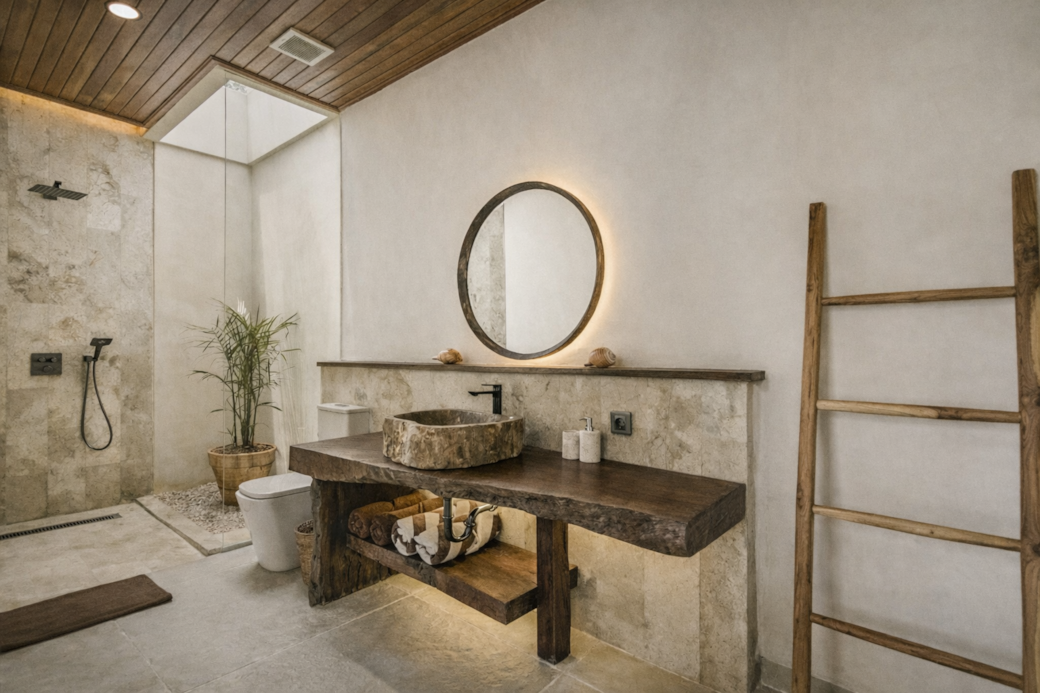 Bathroom with wooden vanity, round mirror, and ladder. Features a shower and stone walls.