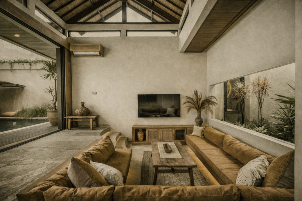 Living room with sunken seating, open to a pool area. Features a wooden table, tan sofa, and a TV.