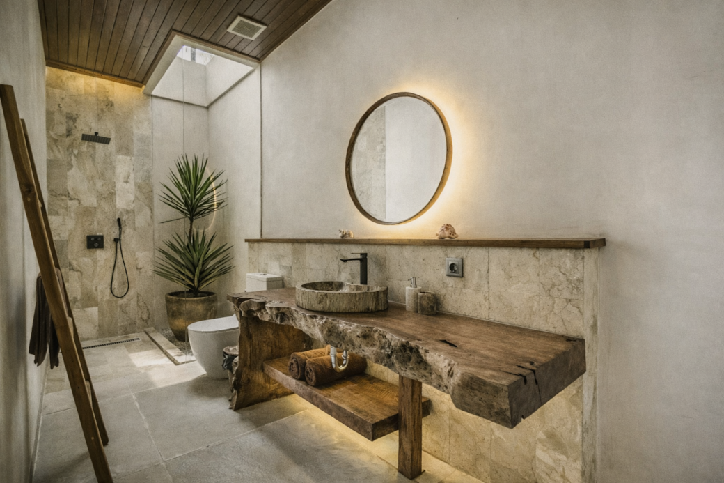 Bathroom with wood vanity, round mirror, and a skylight.