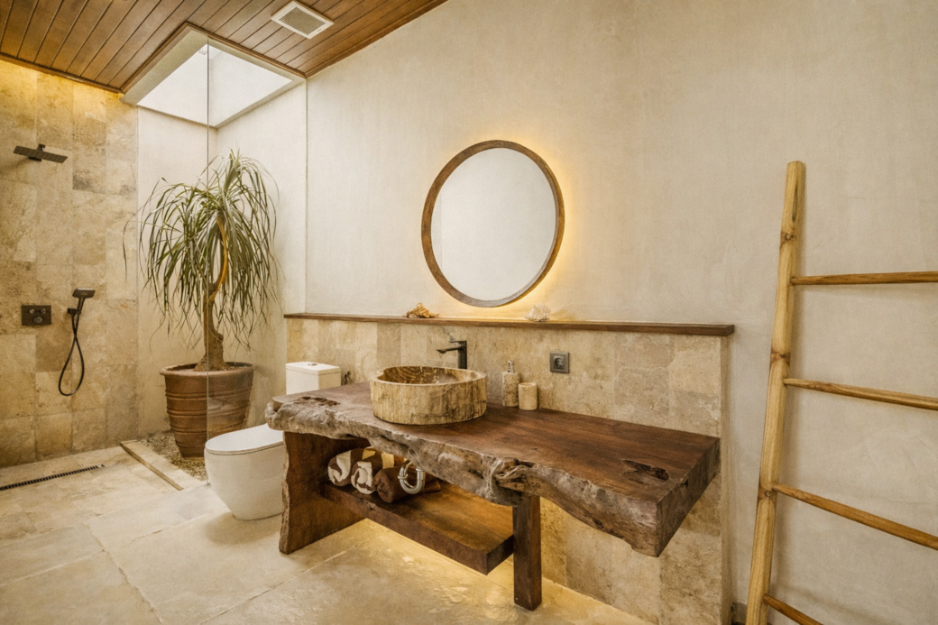 Bathroom with a wood vanity, round mirror, and a potted plant under a skylight.