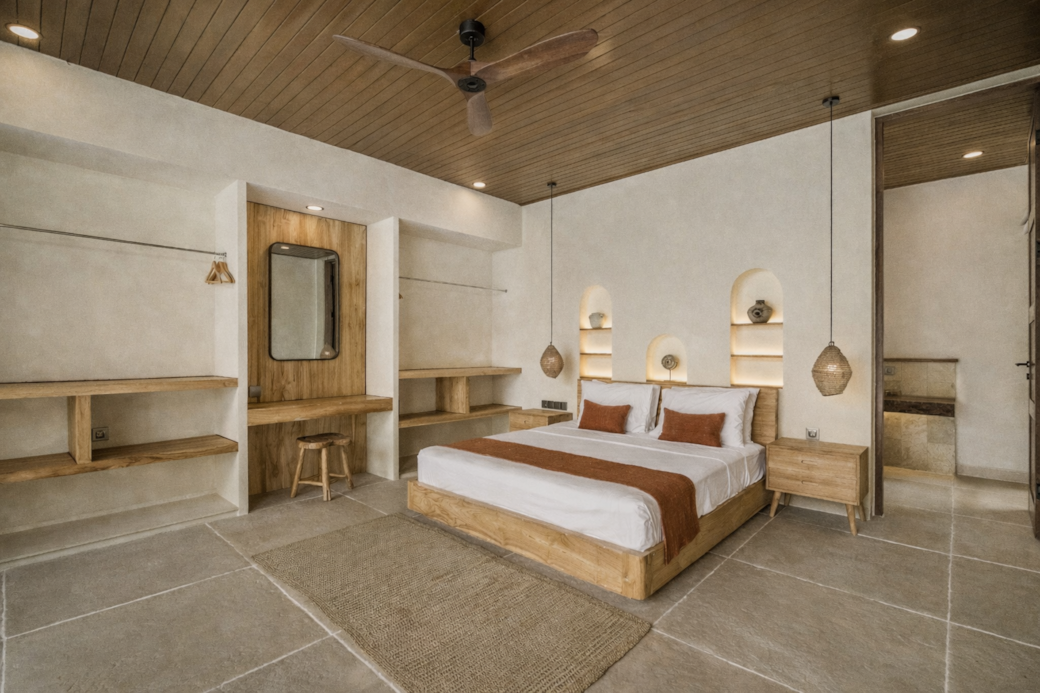 Bedroom with light wooden furniture, bed, neutral walls, and textured ceiling.