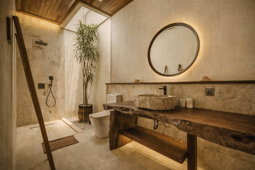 Bathroom with wood accents, stone sink, round mirror, and skylight.