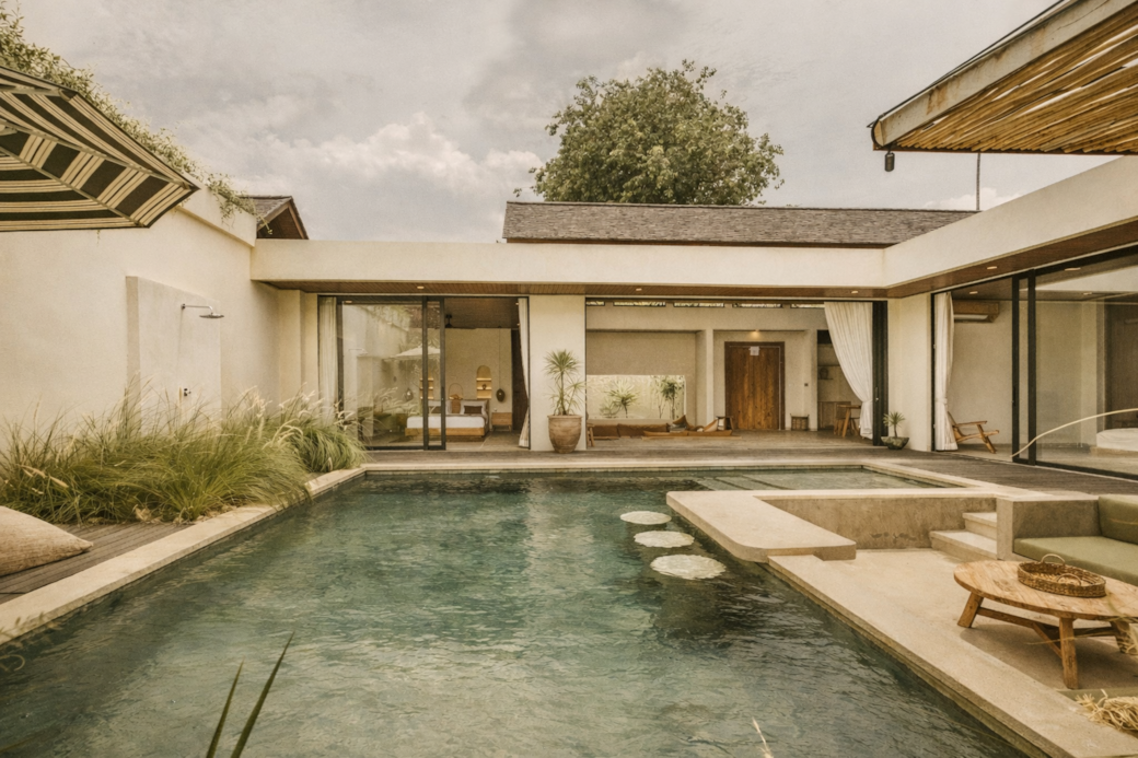 A luxurious outdoor pool area with cream-colored walls, a wooden door, and a partially covered seating area.