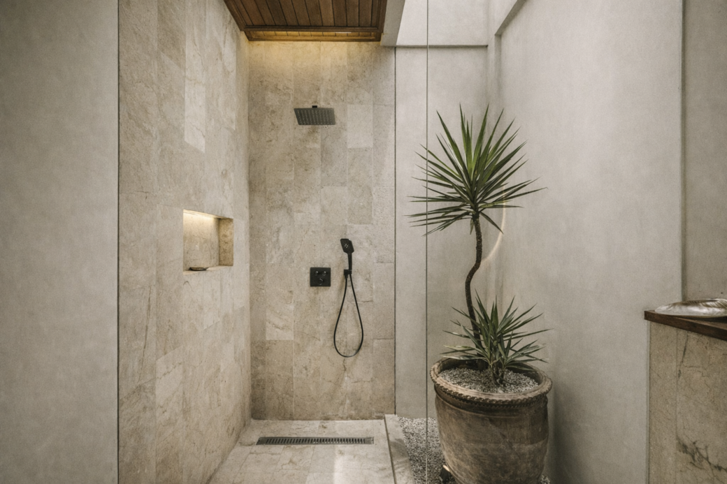 Shower stall with stone tile walls, black fixtures, and a potted plant.
