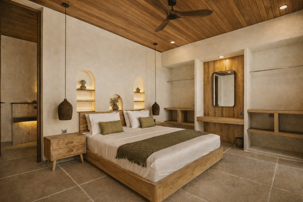 Bedroom with a wooden ceiling, bed, and built-in shelves. Earth tones and a neutral color palette.
