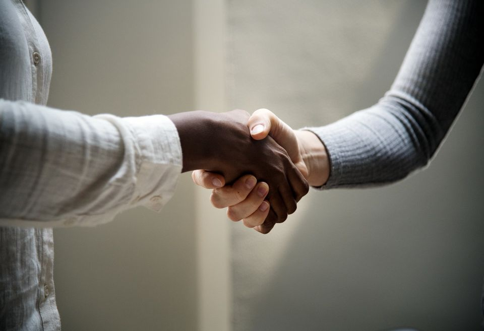 Two people in gray and white sweaters shaking hands in a close-up, neutral indoor setting
