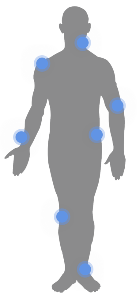 Gray human silhouette with blue dots marking joints and limbs