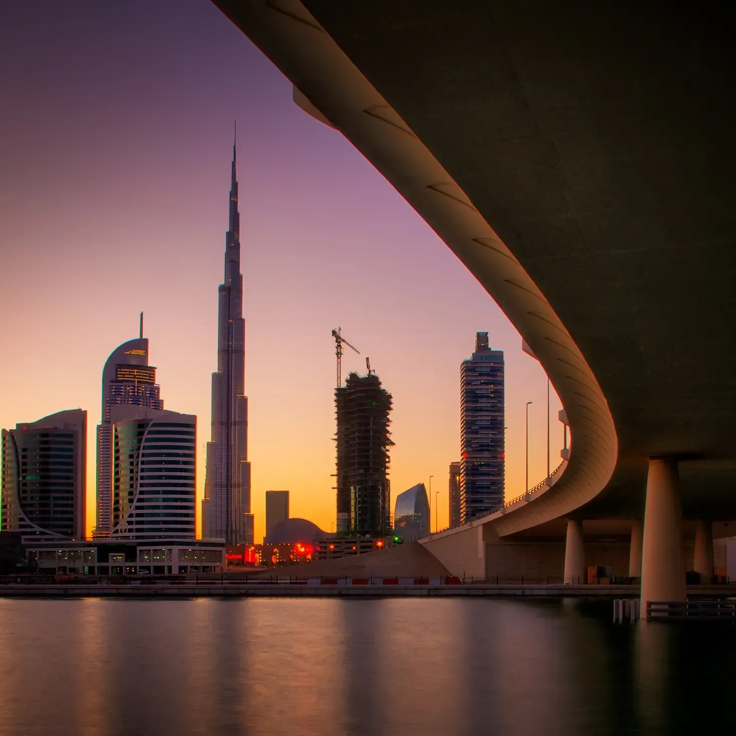 The Dubai skyline at sunset