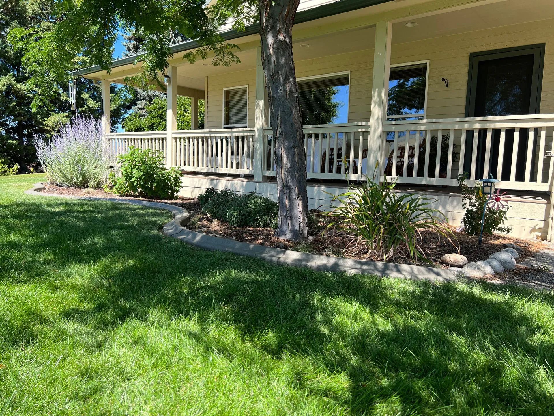 House exterior with porch, tree, and landscaping under a sunny sky.
