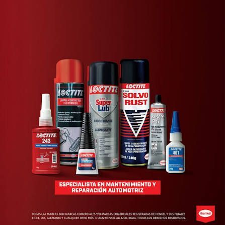 Gama de productos Loctite de adhesivos y lubricantes para el mantenimiento de automóviles sobre fondo rojo