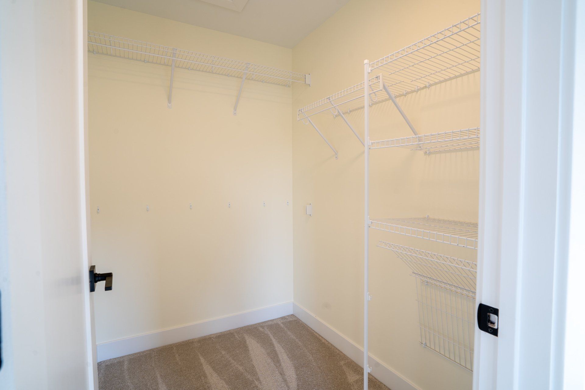 A walk in closet in a house with shelves and a door.
