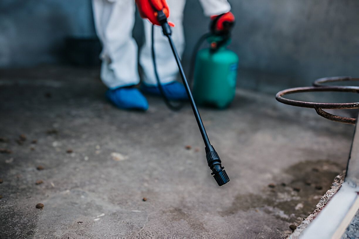 A person is spraying a concrete surface with a sprayer.
