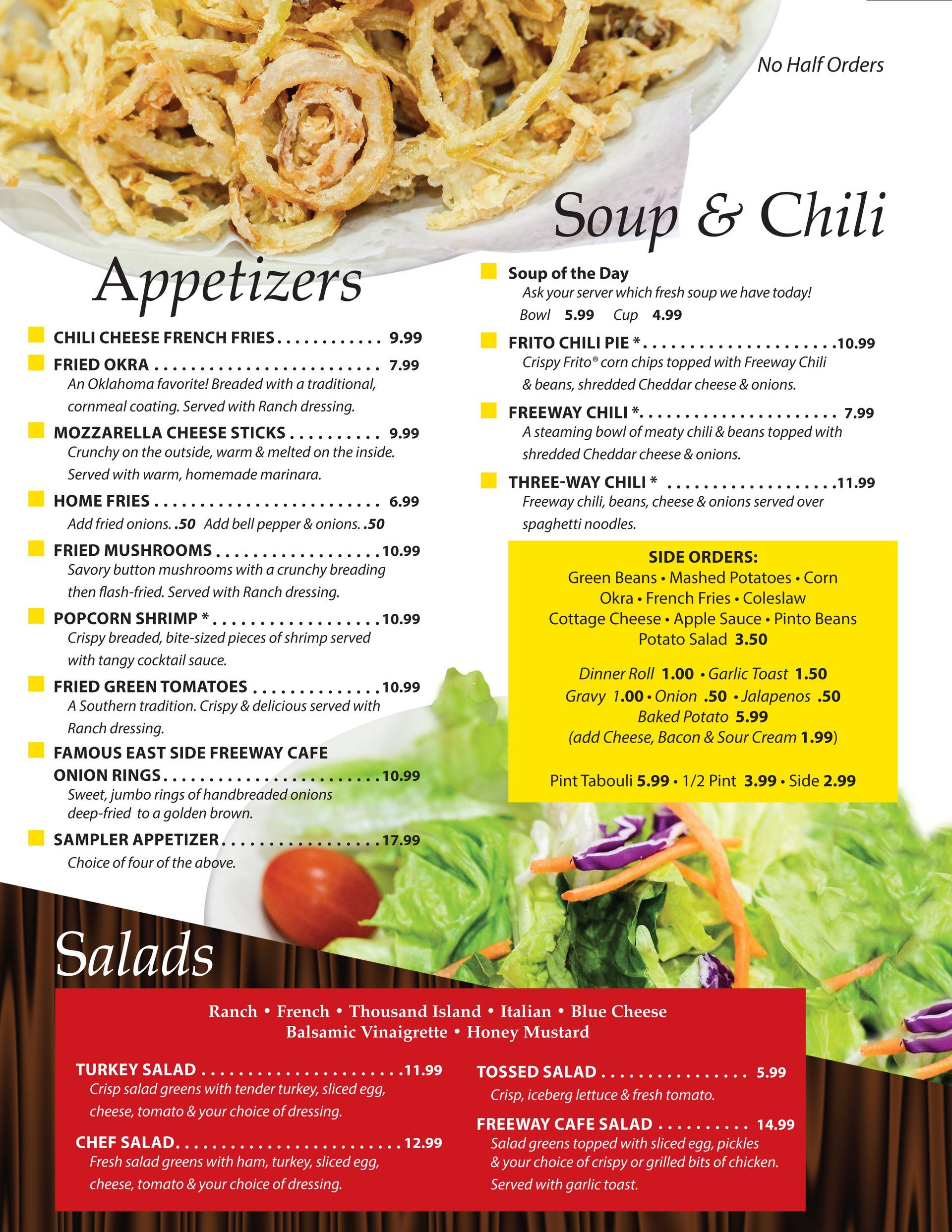 Freeway Cafe  Tulsa Menu Appetizers, Soup and Chili