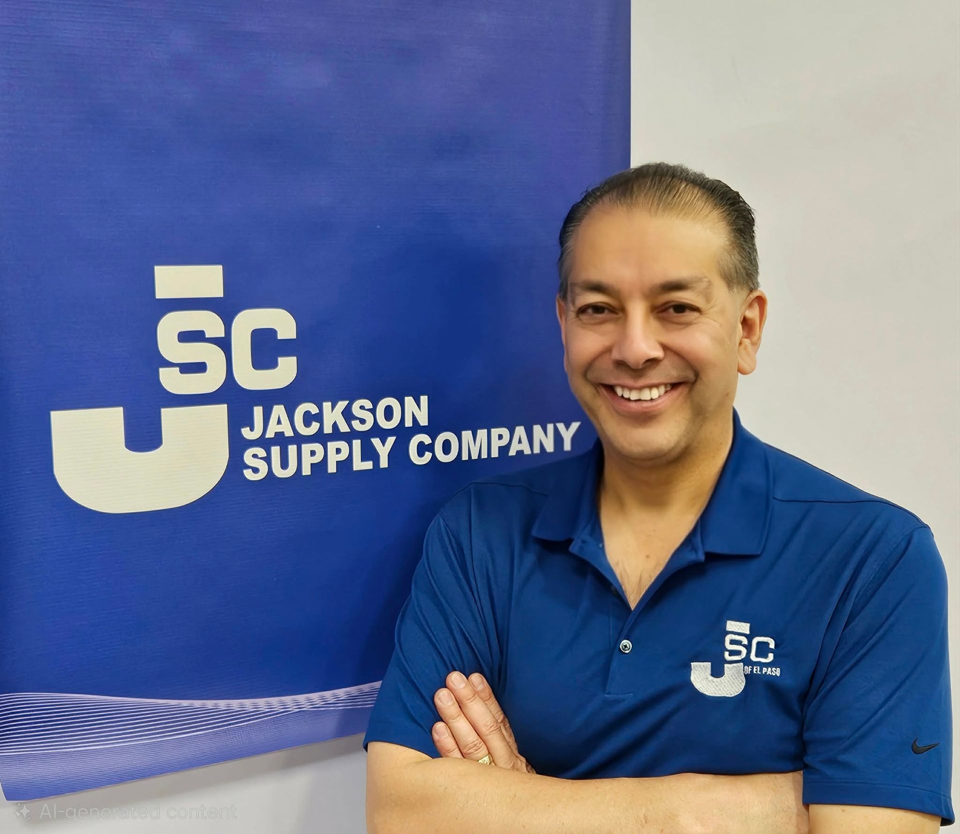 A person stands with arms crossed in front of a blue Jackson Supply Company banner, wearing a matching blue polo shirt.