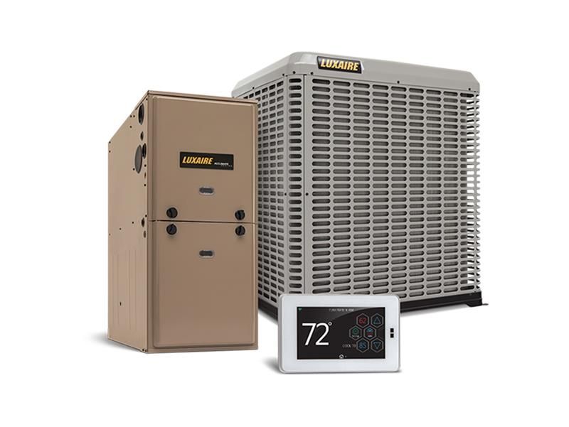 A tan furnace and large grey outdoor HVAC unit are shown next to a digital thermostat displaying 72 degrees.