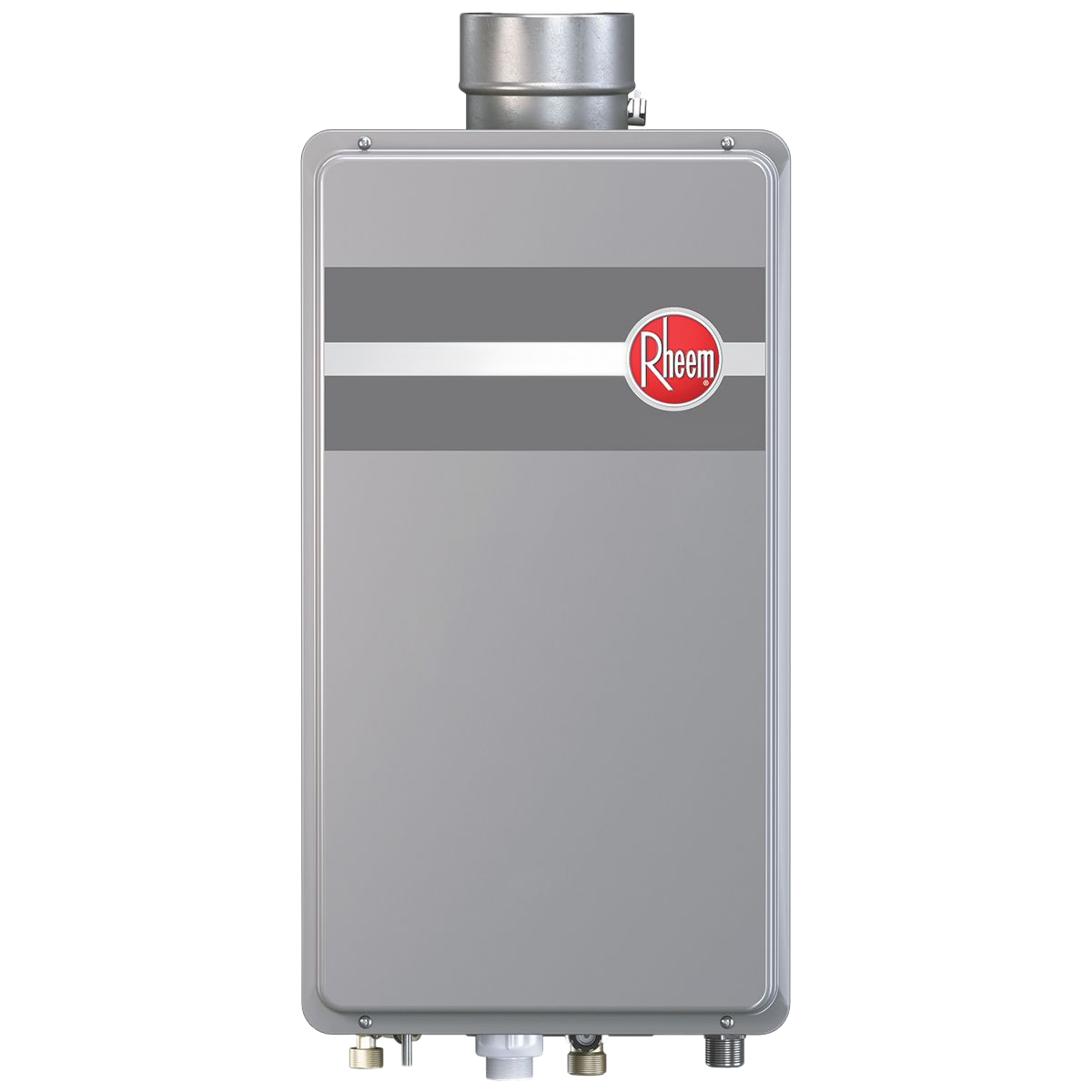 A wall-mounted Rheem tankless water heater with a metallic grey casing and a red and white logo.
