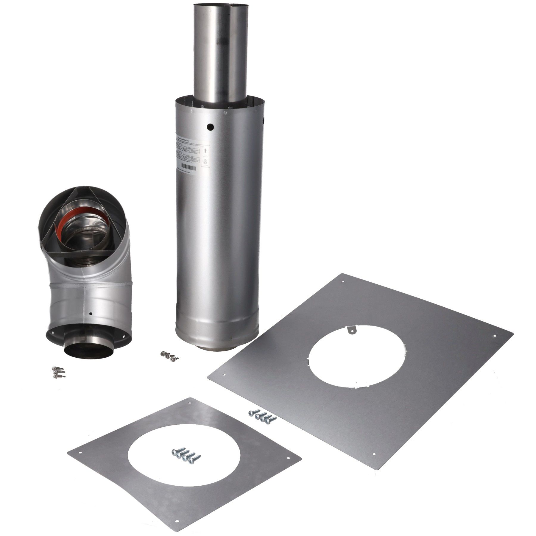 A stovepipe chimney kit consisting of a vertical pipe segment, an elbow connector, two square support plates, and screws.