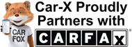 Car-X fox mascot holding a phone, in partnership with Carfax. Black text on white background.