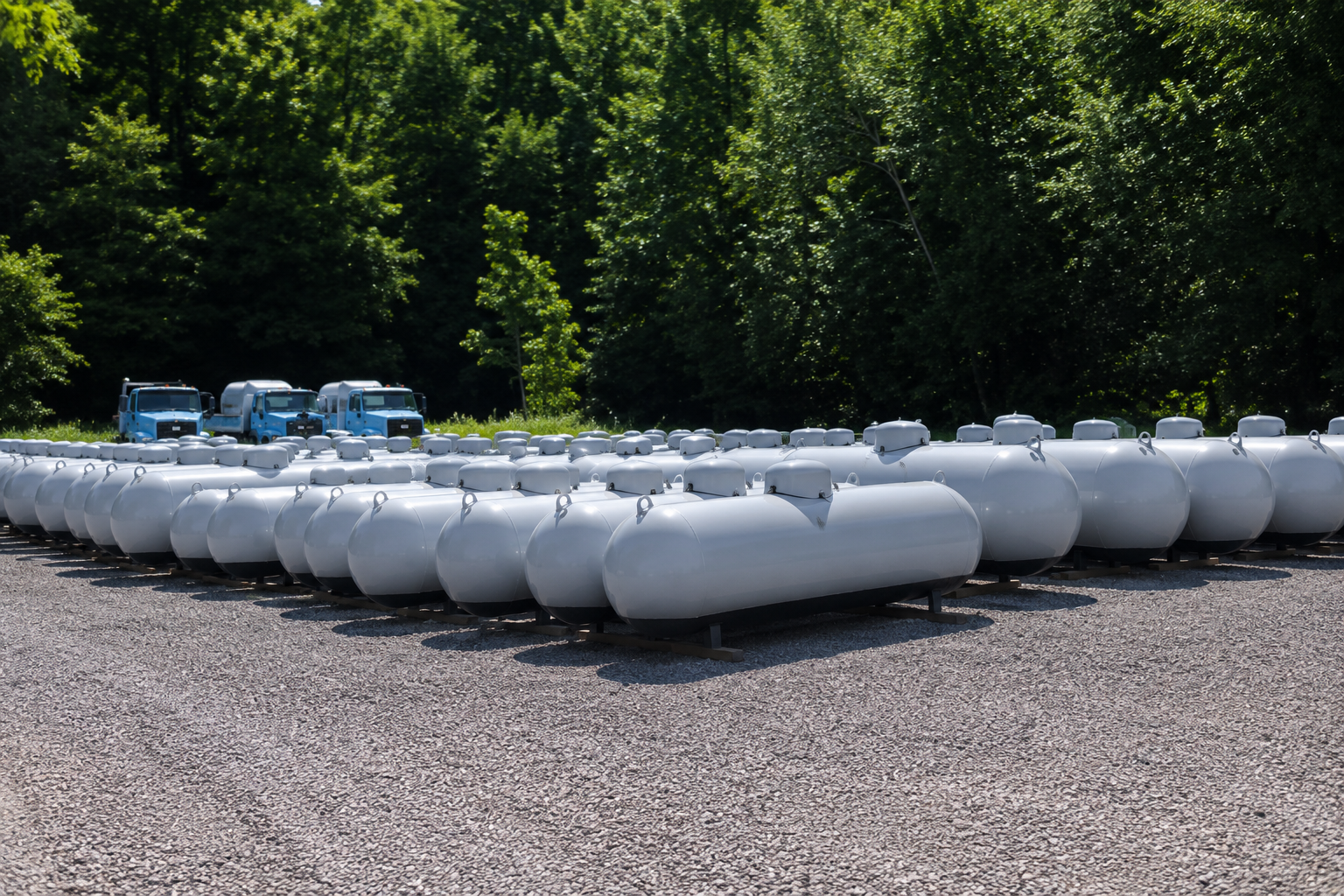 A residential above-ground propane tank.