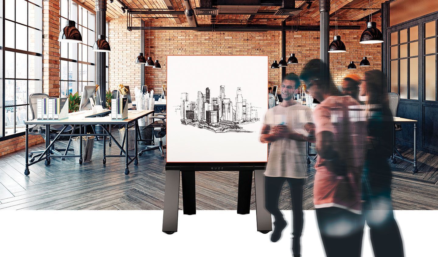 People looking at a sketch of a city skyline on a whiteboard in an office.