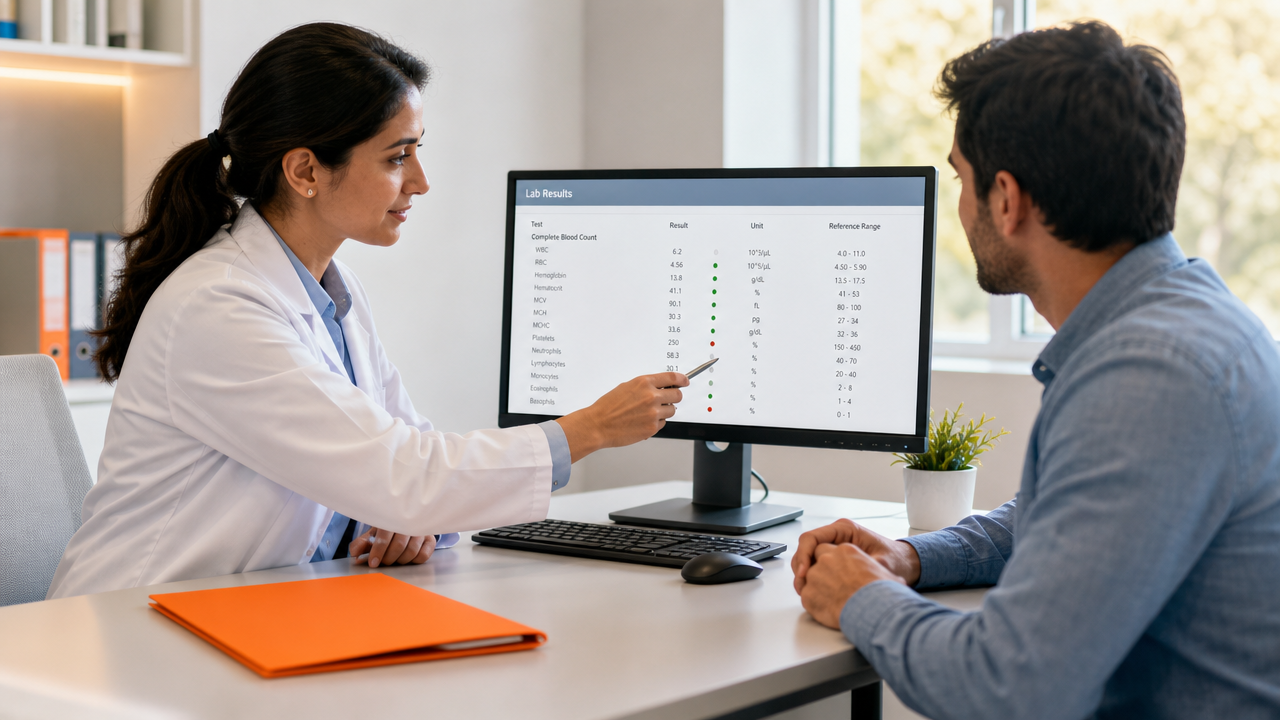 Doctor and patient discussing test results on a computer monitor in a bright office